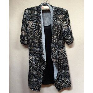 Delirious Women Mini Shift Dress with Attached Tribal Cardigan Large Black Brown